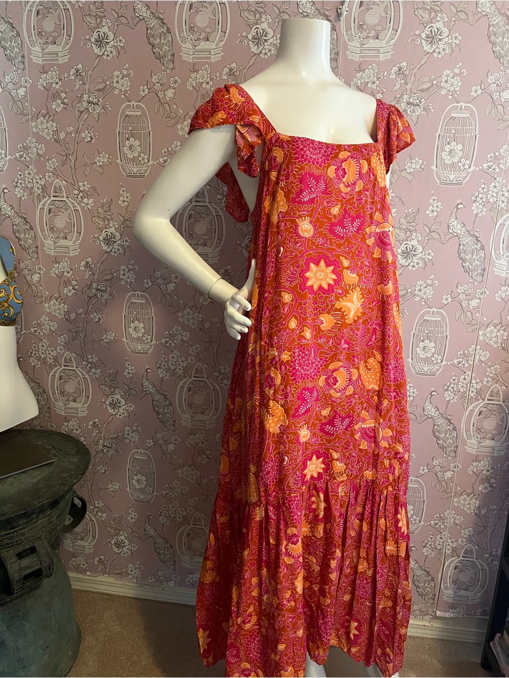 House of Harlow 1960 Pink & Orange Floral flutter sleeve- Maxi Dress